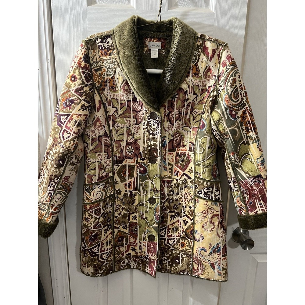 Chicos Bohemian‎ Coat Green Paisley print Faux Fur Size 1